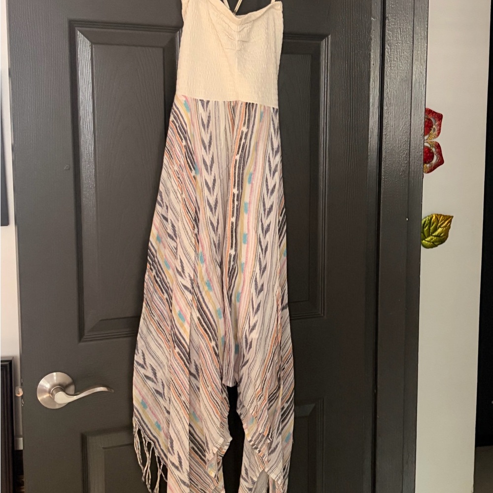 Billabong Cream Knit Bodice Multicolor Striped Handkerchief Dress